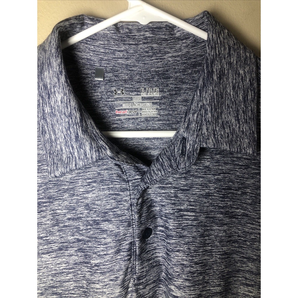 Under Armour Men Polo Shirt XL Blue Heather Loose Heatgear Short Sleeve GWG